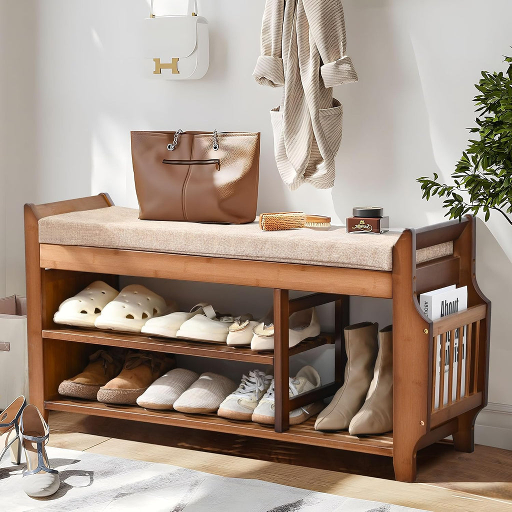 Bamboo Drawer Cushioned Shoe Bench