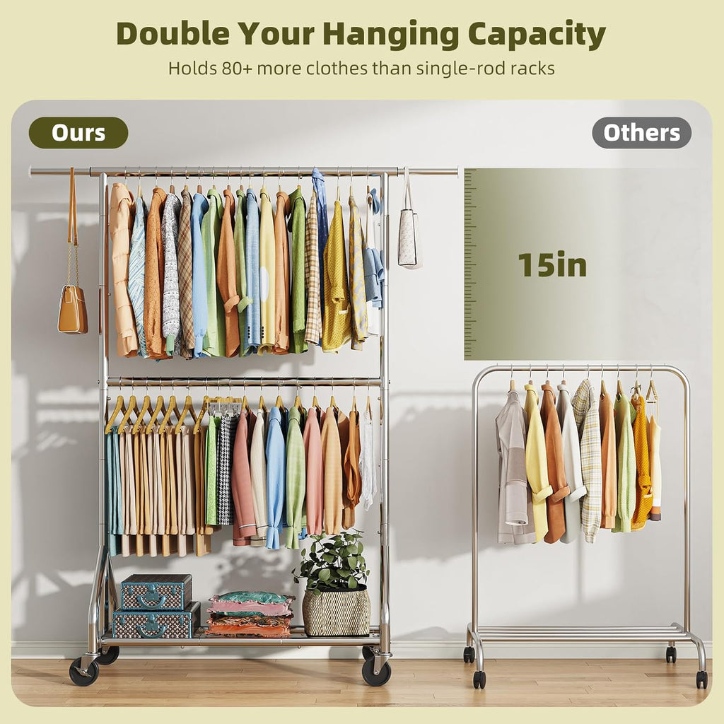 Chrome Rolling Double Rod Clothes Rack