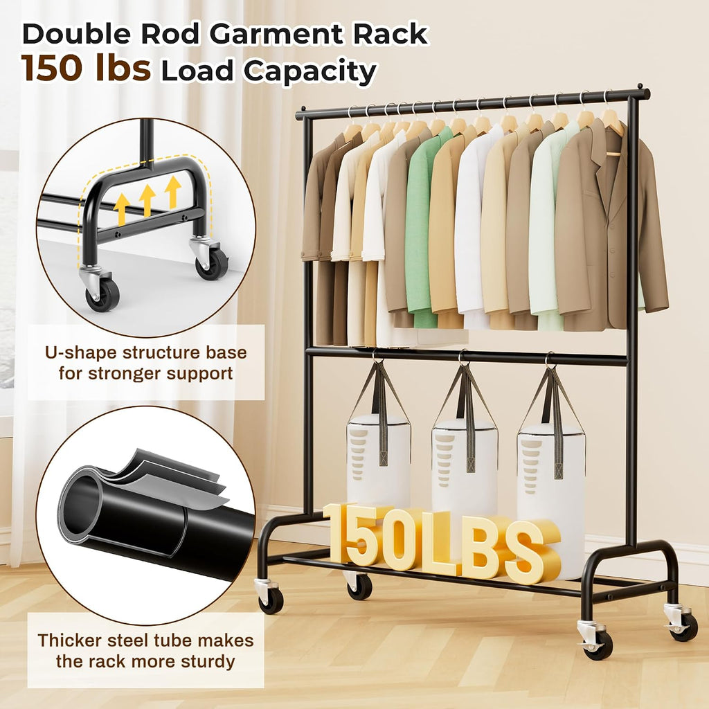 Black Double Rod Rolling Clothes Rack