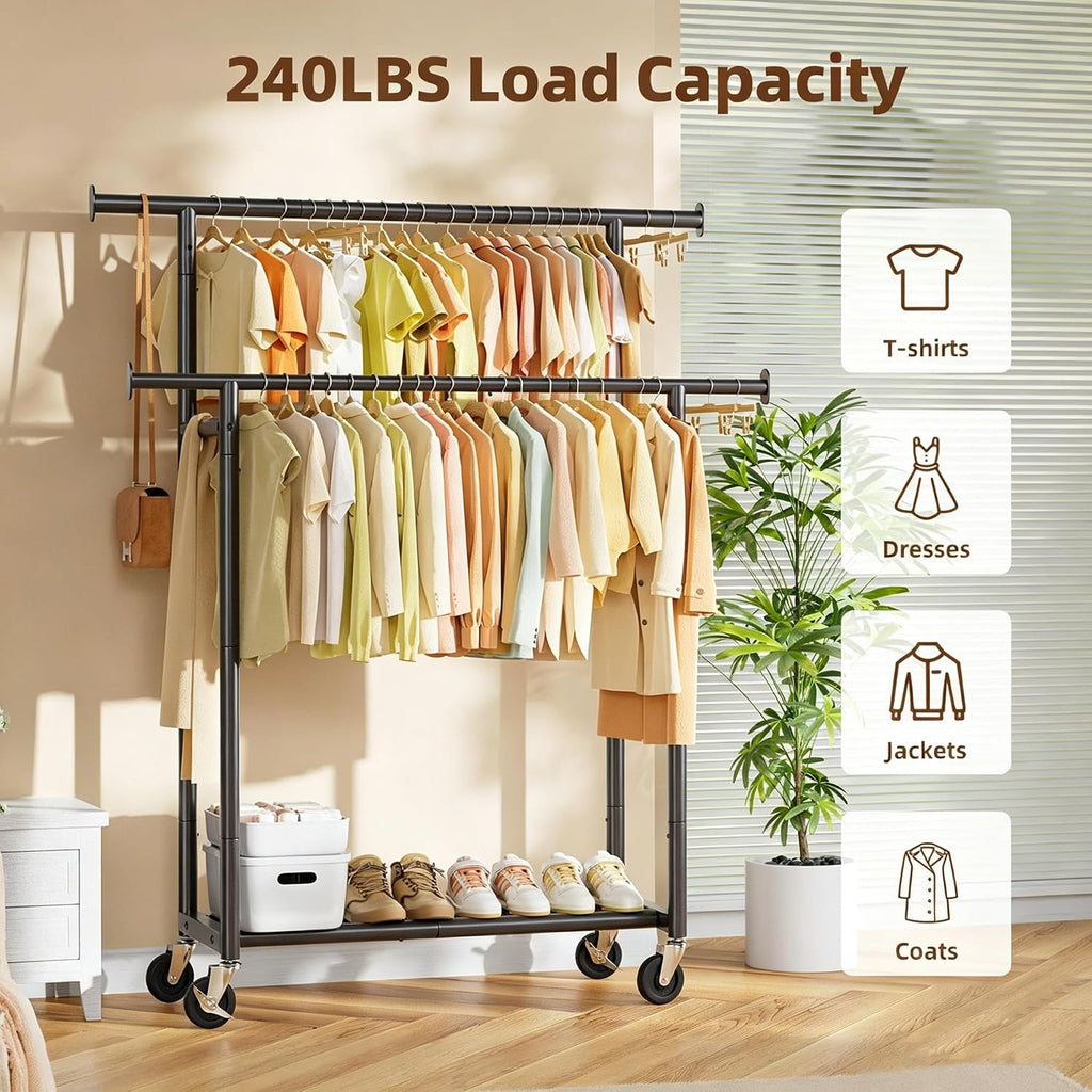 Black Double Rod Rolling Clothing Rack