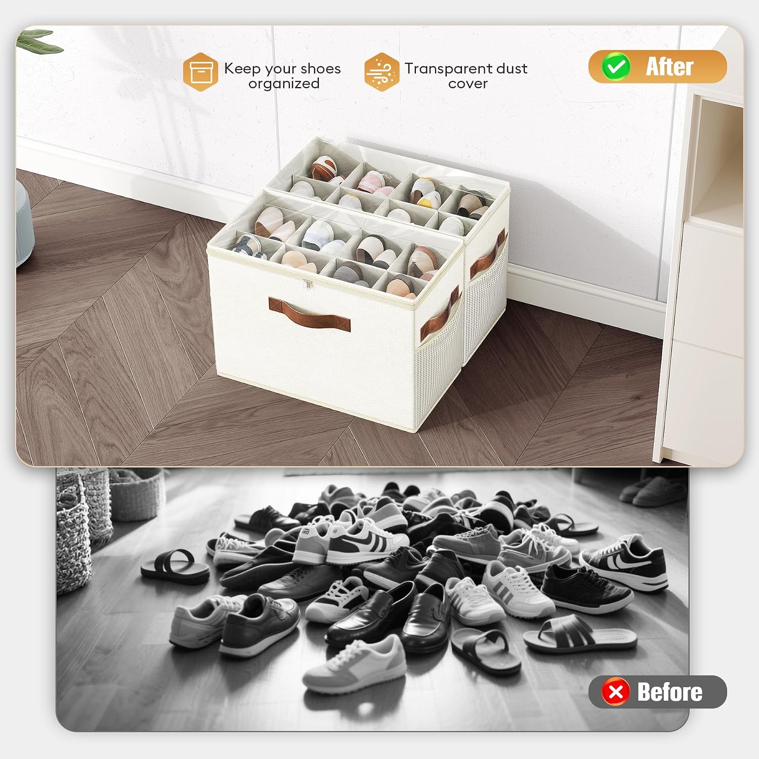 Beige 2 Pack Foldable Shoe Storage Boxes