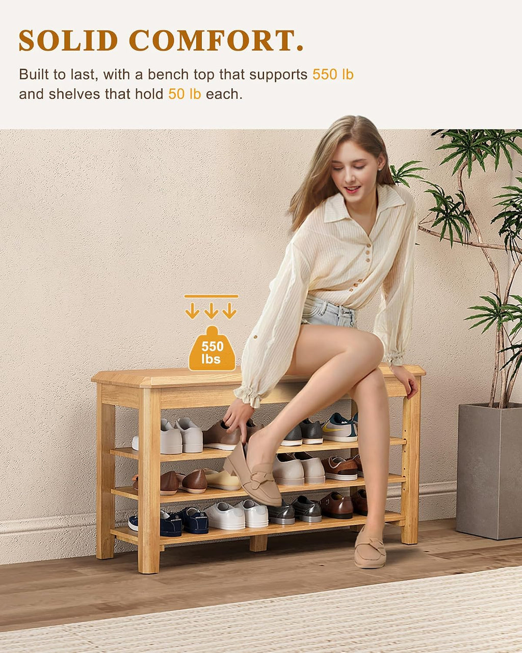 Wood Cushioned 3-Tier Shoe Bench
