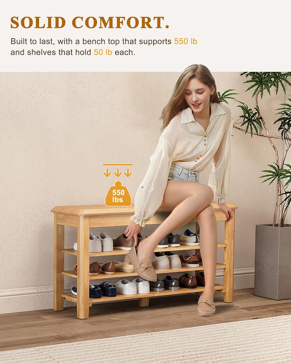 Wood Cushioned 3-Tier Shoe Bench
