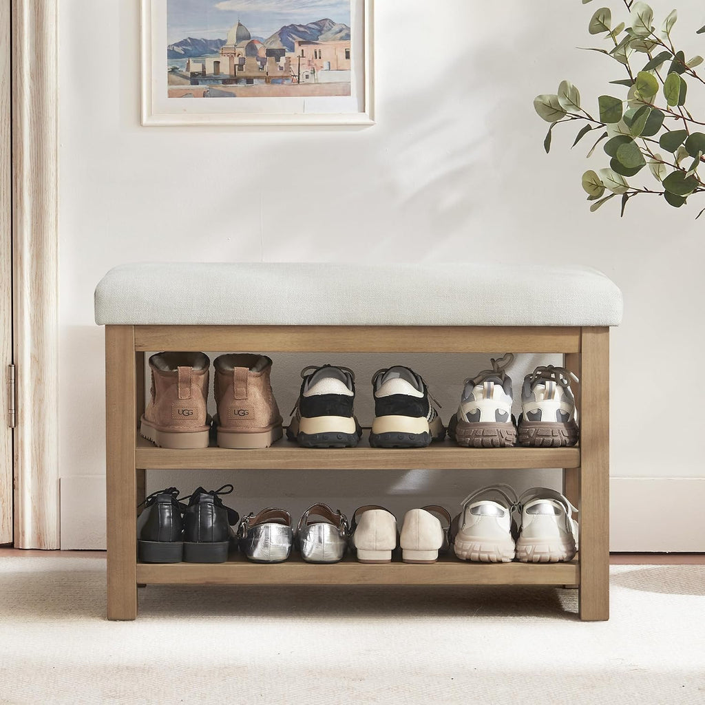 Beige Wood Cushioned 2-Tier Shoe Bench