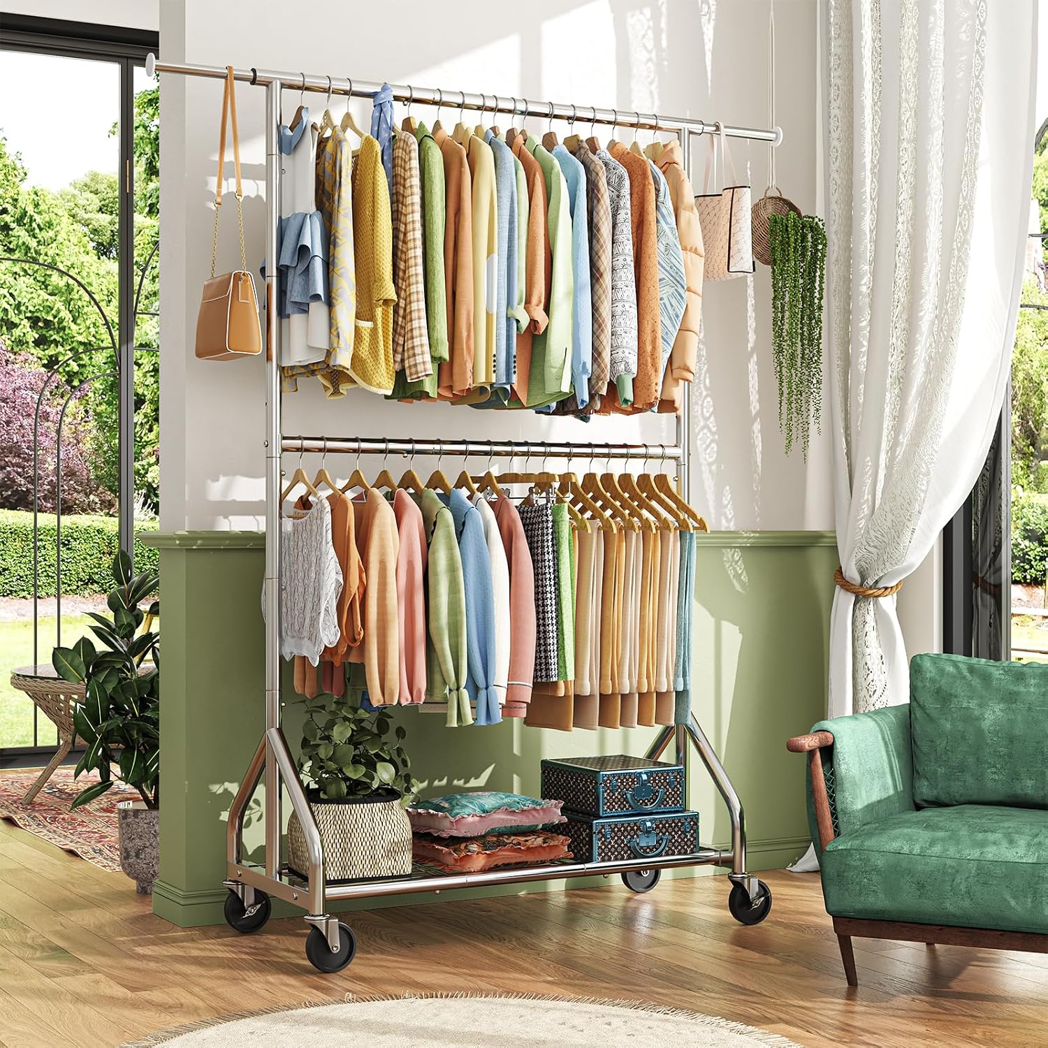 Chrome Rolling Double Rod Clothes Rack