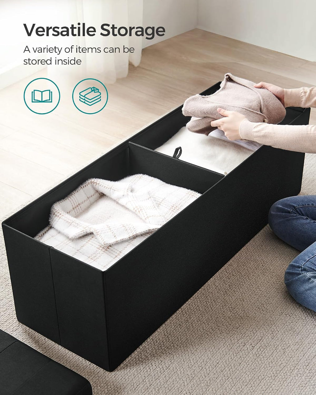 Black 43 Inch Storage Ottoman Bench