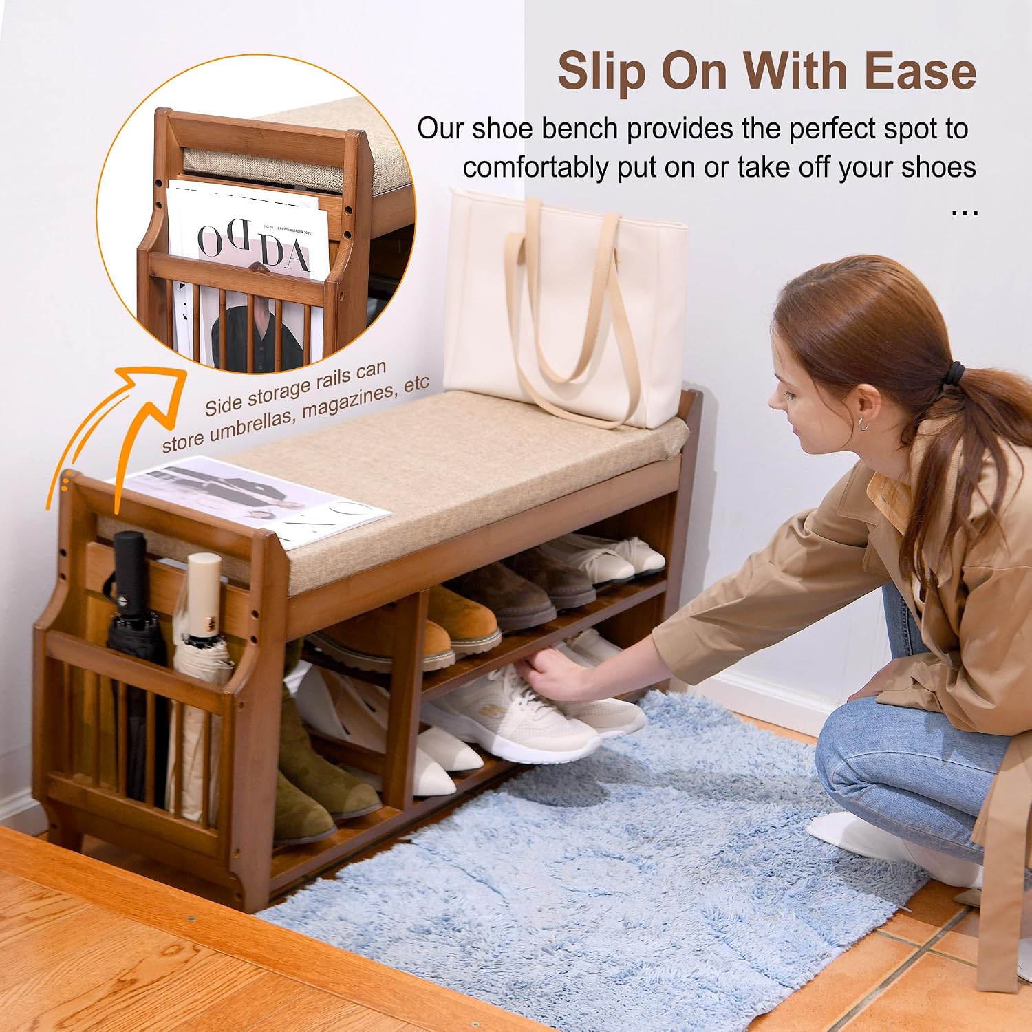 Bamboo Drawer Cushioned Shoe Bench