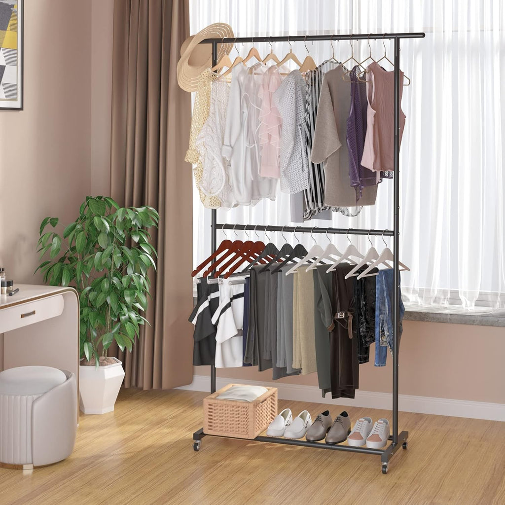 Black Rolling Double Rod Garment Rack