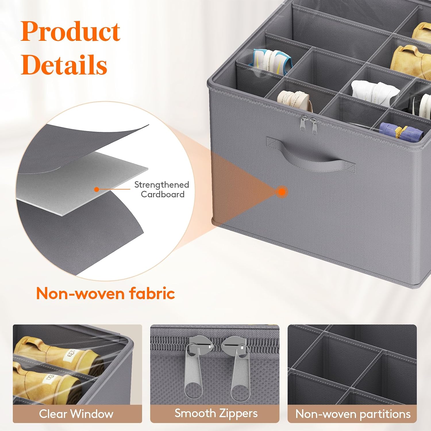 Gray 3 Pack Fabric Shoe Storage Bins