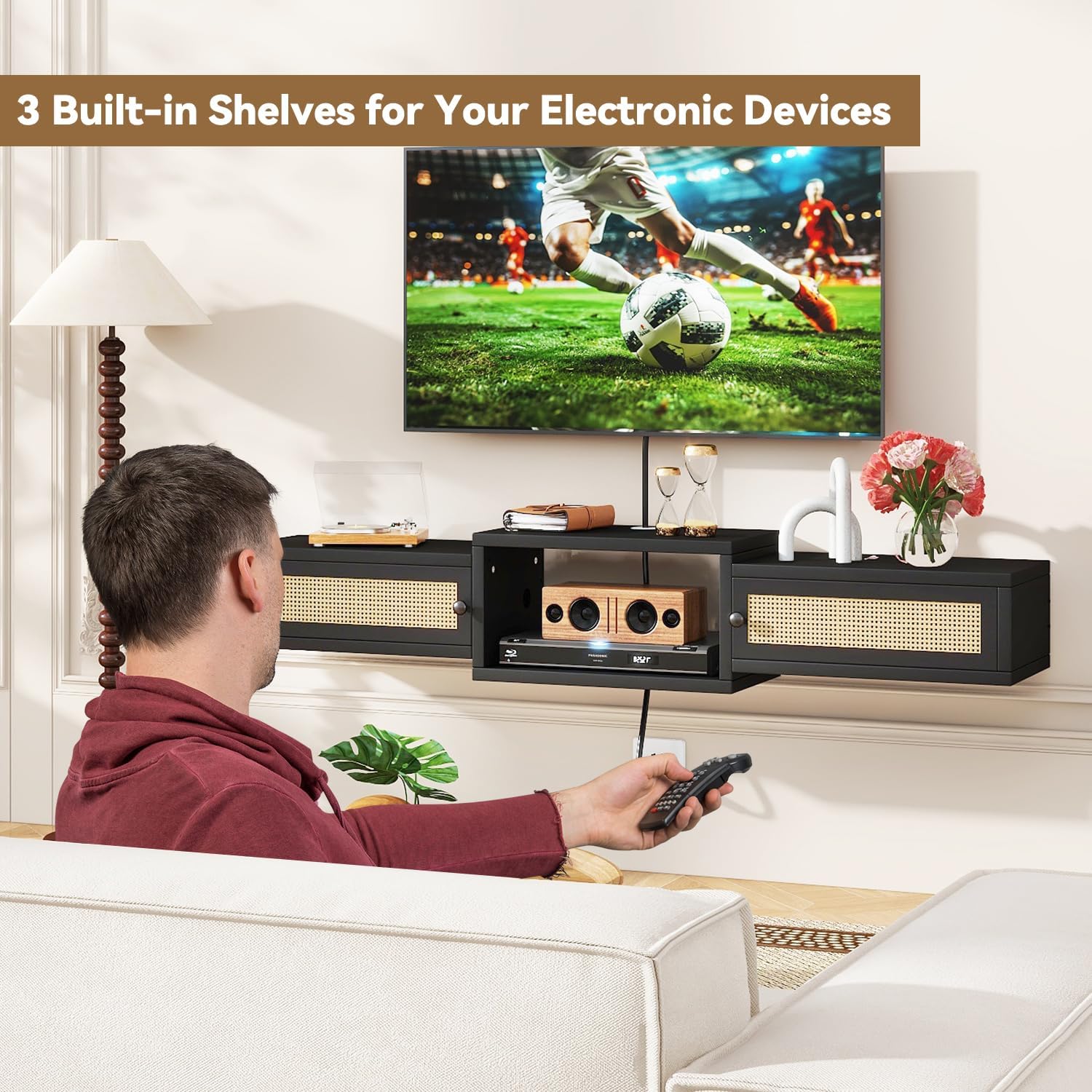 Black Rattan Floating TV Stand UWST012B