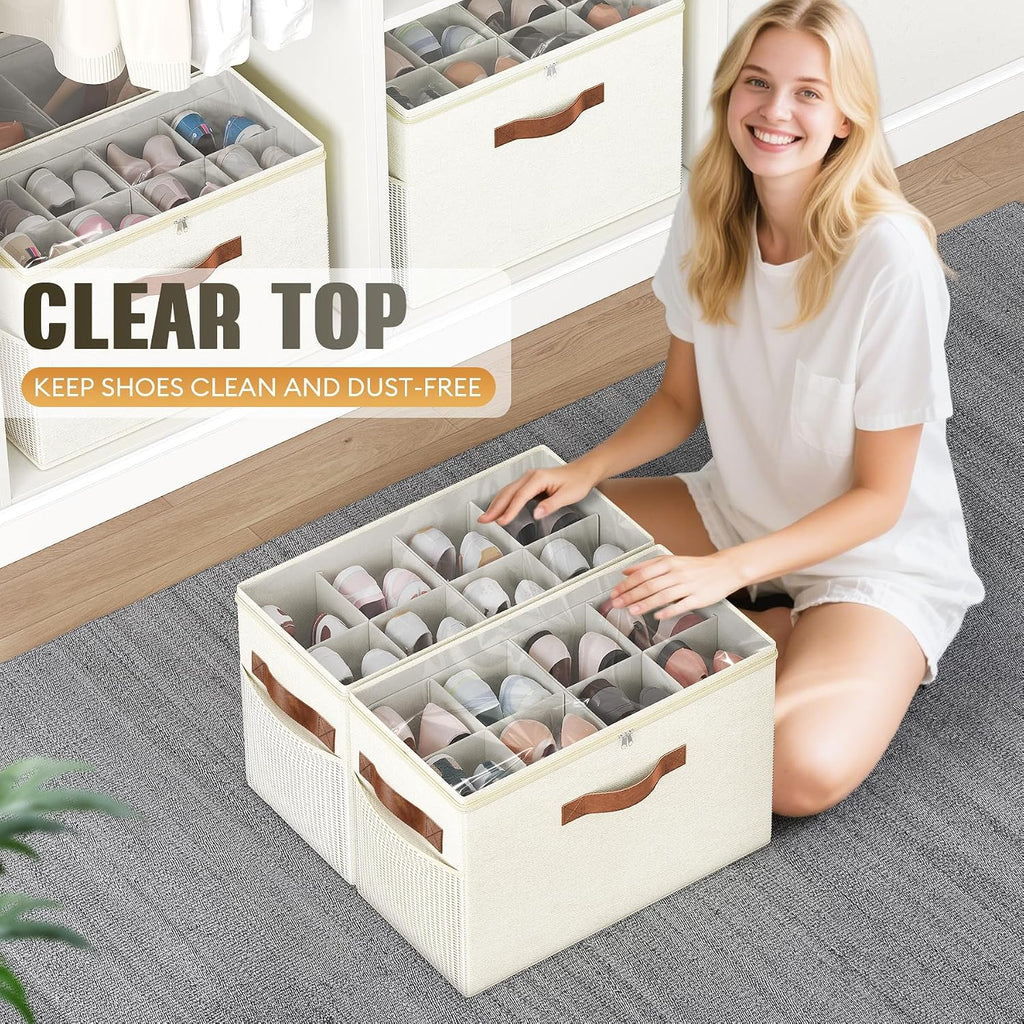 Beige 2 Pack Foldable Shoe Storage Boxes
