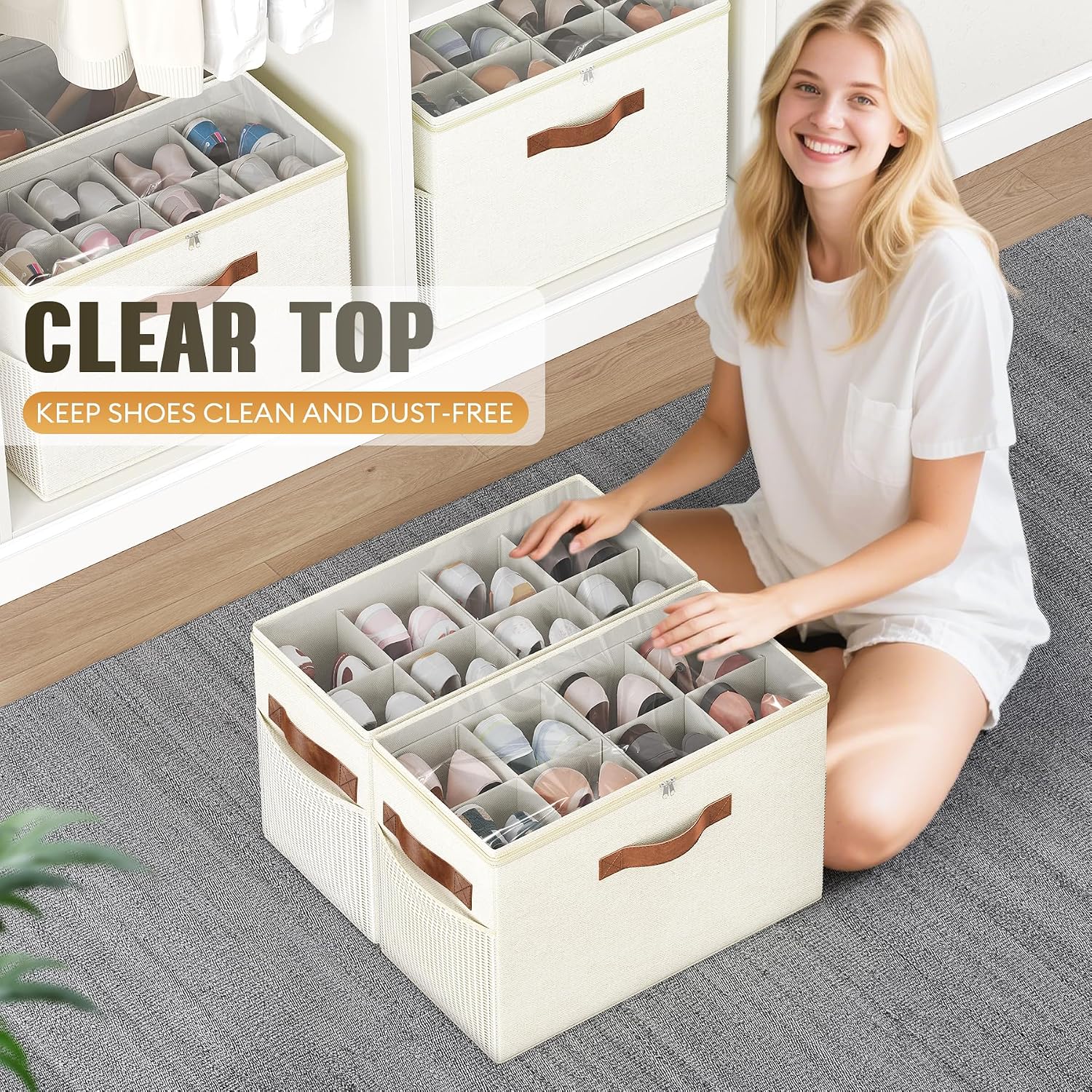 Beige 2 Pack Foldable Shoe Storage Boxes
