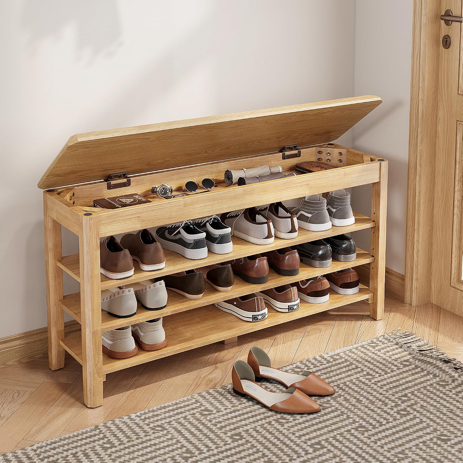 Wood Cushioned 3-Tier Shoe Bench