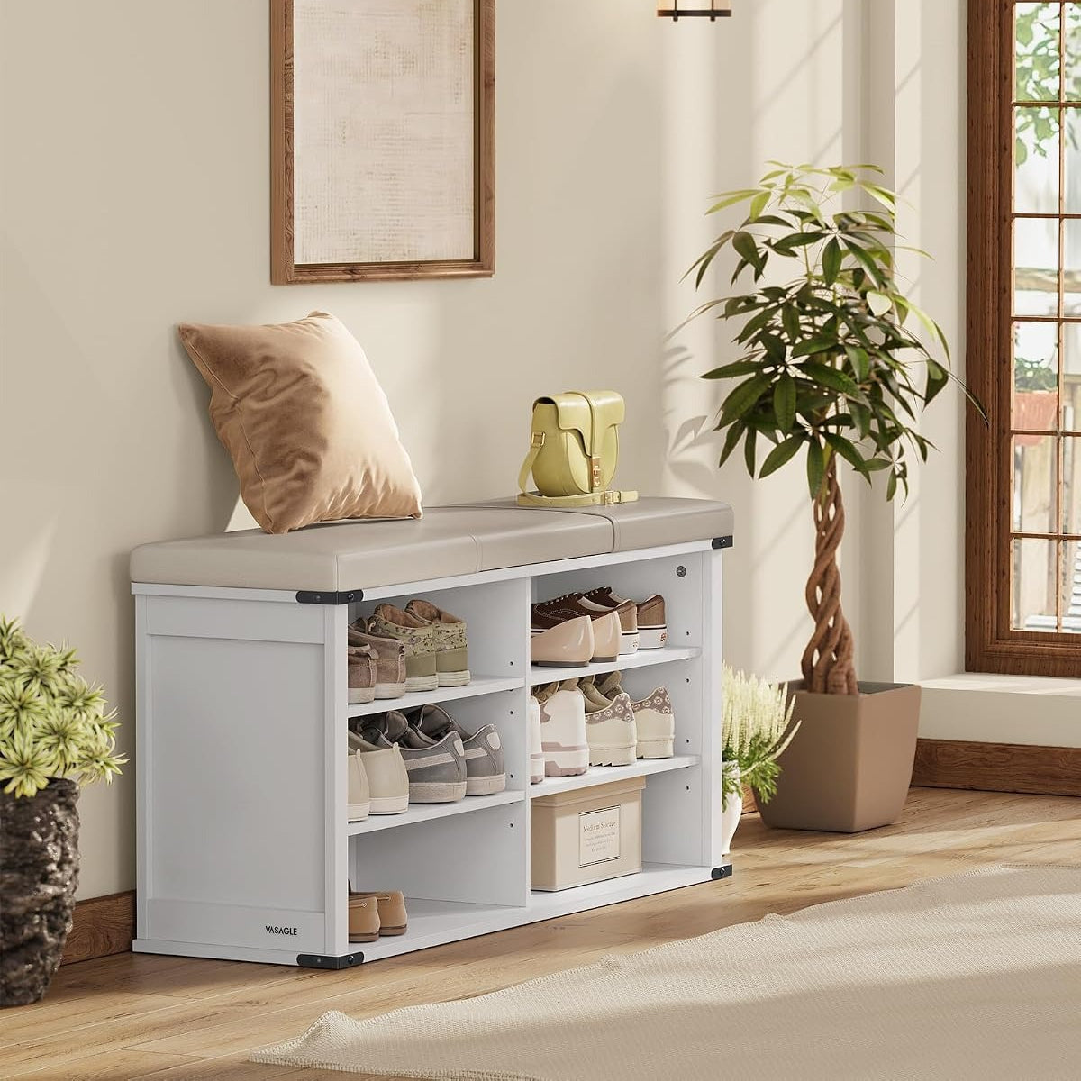 White Cushioned 6-Grid Shoe Bench